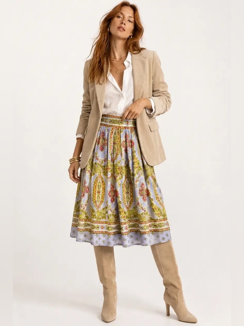 Anthropologie White Midi Skirt with Yellow and Pink Medallion Border